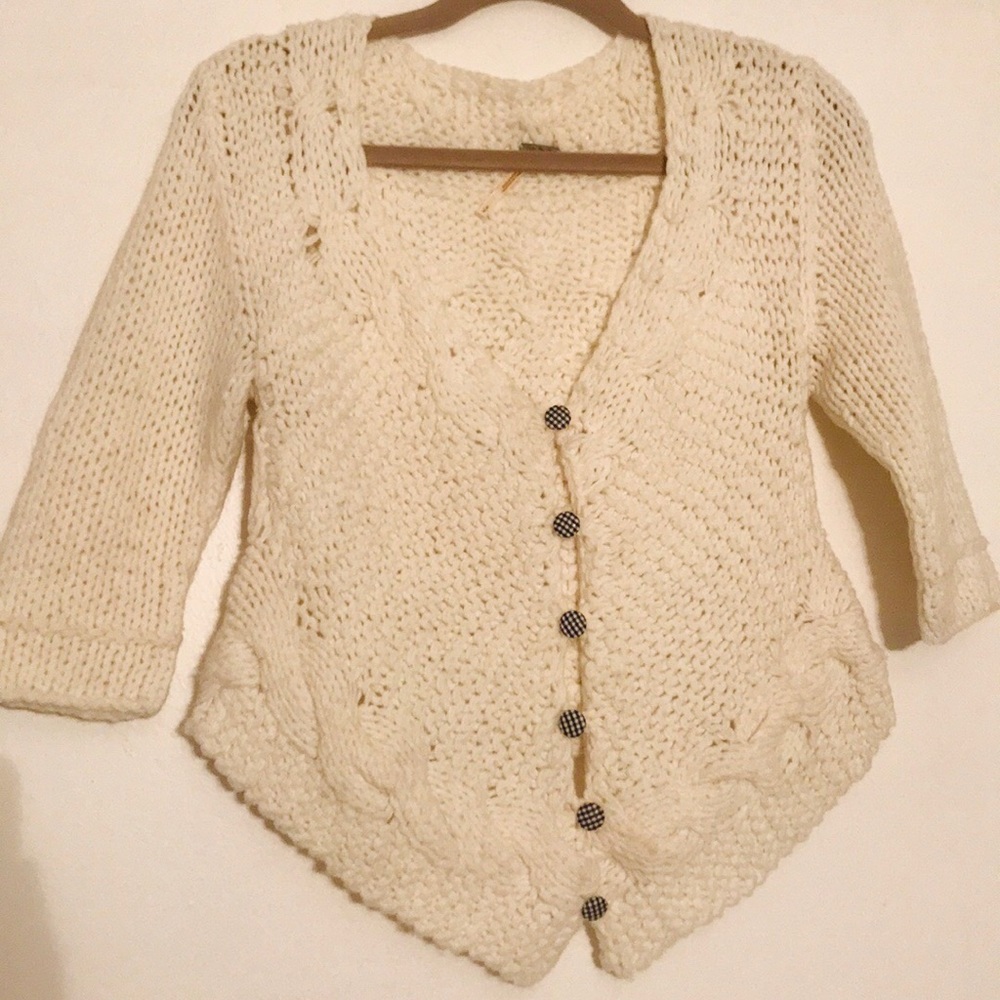 Free People Chunky Knit Sweater Cream Checkered Sm